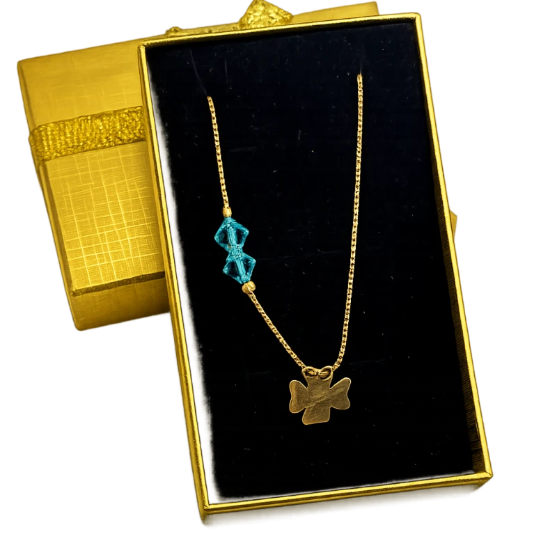 Naszyjnik srebrny pozłacany 925 koniczynka Swarovski aquamarine kostka wenecka