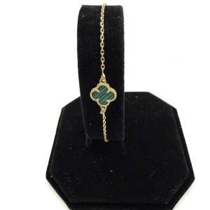 Bransoletka koniczynka zielony agat srebro 925 pozłacane ankier 17+3 cm styl Van Cleef