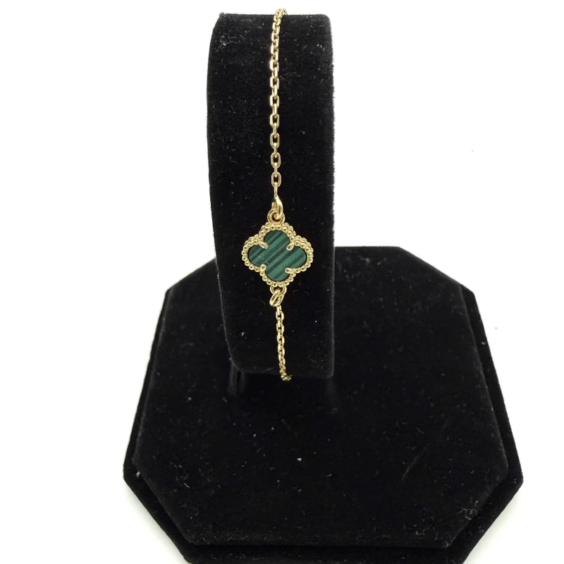 Bransoletka koniczynka zielony agat srebro 925 pozłacane ankier 17+3 cm styl Van Cleef