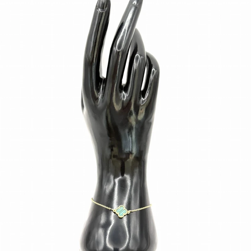 Bransoletka koniczynka zielony agat srebro 925 pozłacane ankier 17+3 cm styl Van Cleef