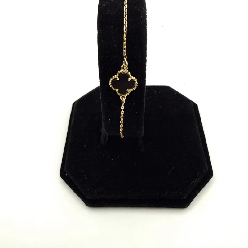 Bransoletka koniczynka czarny onyks srebro 925 pozłacane ankier 17+3 cm styl Van Cleef (