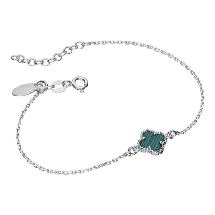Bransoletka koniczynka zielony agat srebro 925 rodowane ankier 17+3 cm styl Van Cleef