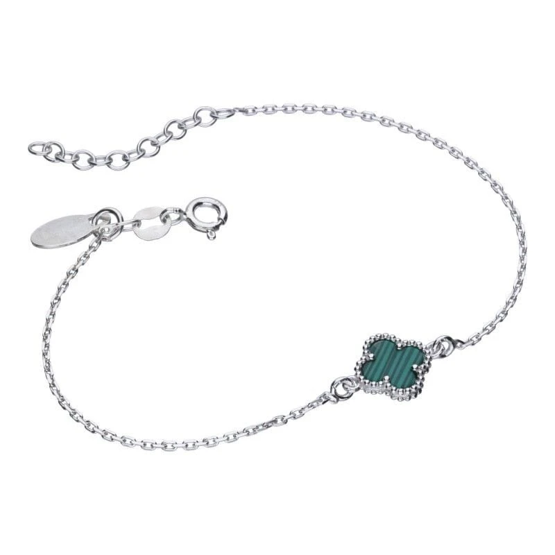 Bransoletka koniczynka zielony agat srebro 925 rodowane ankier 17+3 cm styl Van Cleef