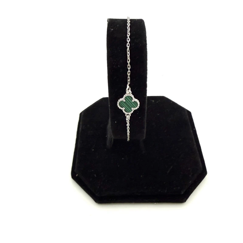 Bransoletka koniczynka zielony agat srebro 925 rodowane ankier 17+3 cm styl Van Cleef