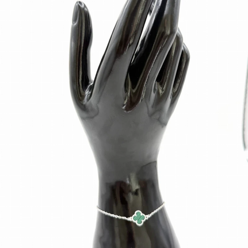 Bransoletka koniczynka zielony agat srebro 925 rodowane ankier 17+3 cm styl Van Cleef