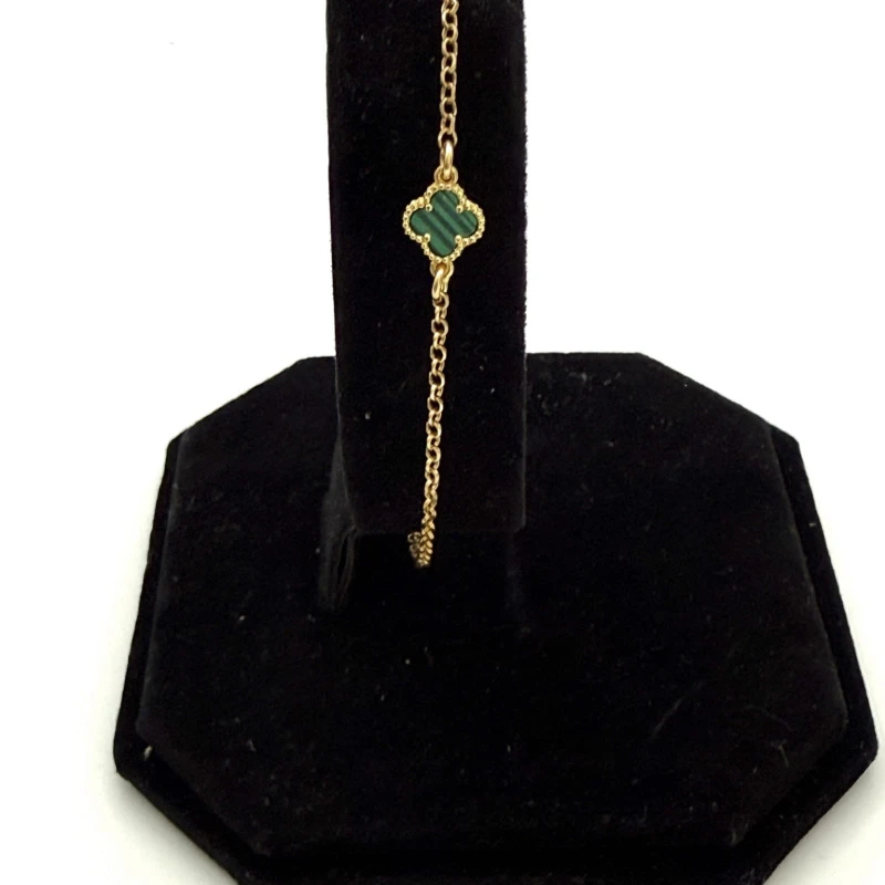 Bransoletka koniczynka zielony agat srebro 925 pozłacane rolo 17+3 cm styl Van Cleef