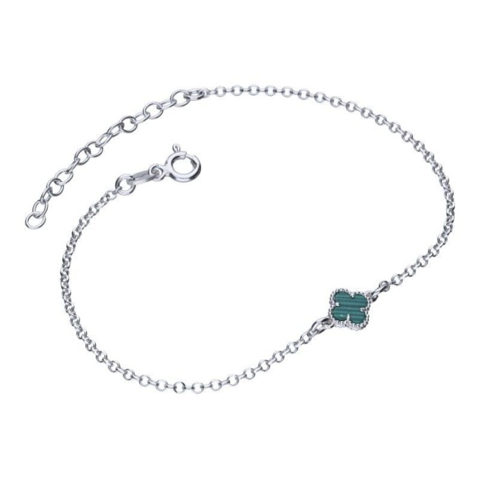 Bransoletka koniczynka zielony agat srebro 925 rodowane rolo 17+3 cm styl Van Cleef