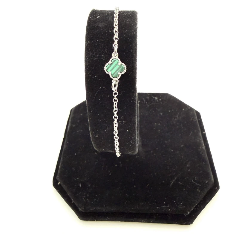 Bransoletka koniczynka zielony agat srebro 925 rodowane rolo 17+3 cm styl Van Cleef