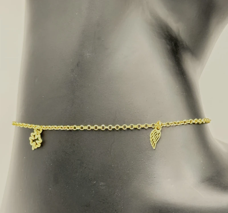 Bransoletka na nogę srebro 925 pozłacane 24K charms miś koniczynka skrzydełko 23+4 cm
