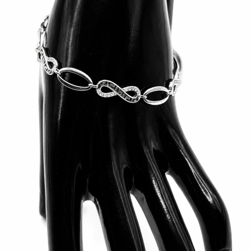 Bransoletka srebrna 925 nieskończoność grecki wzór cyrkonie 18+3 cm 6,6 g ciężka